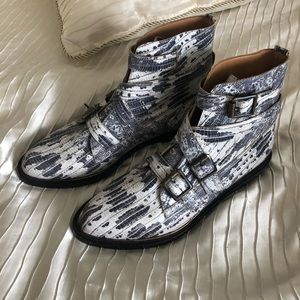 John Fluevog Darin Boot. Black and White snake pattern. Size 9.